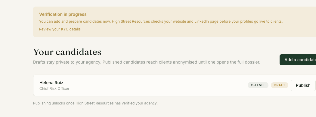 An agency’s own candidate list, each profile publishable once the agency is verified
