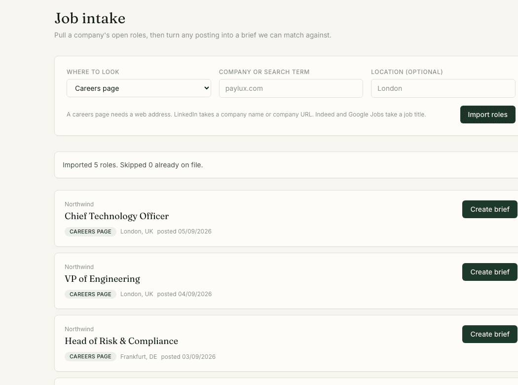 Open roles pulled from a careers page, each convertible into a brief in one click