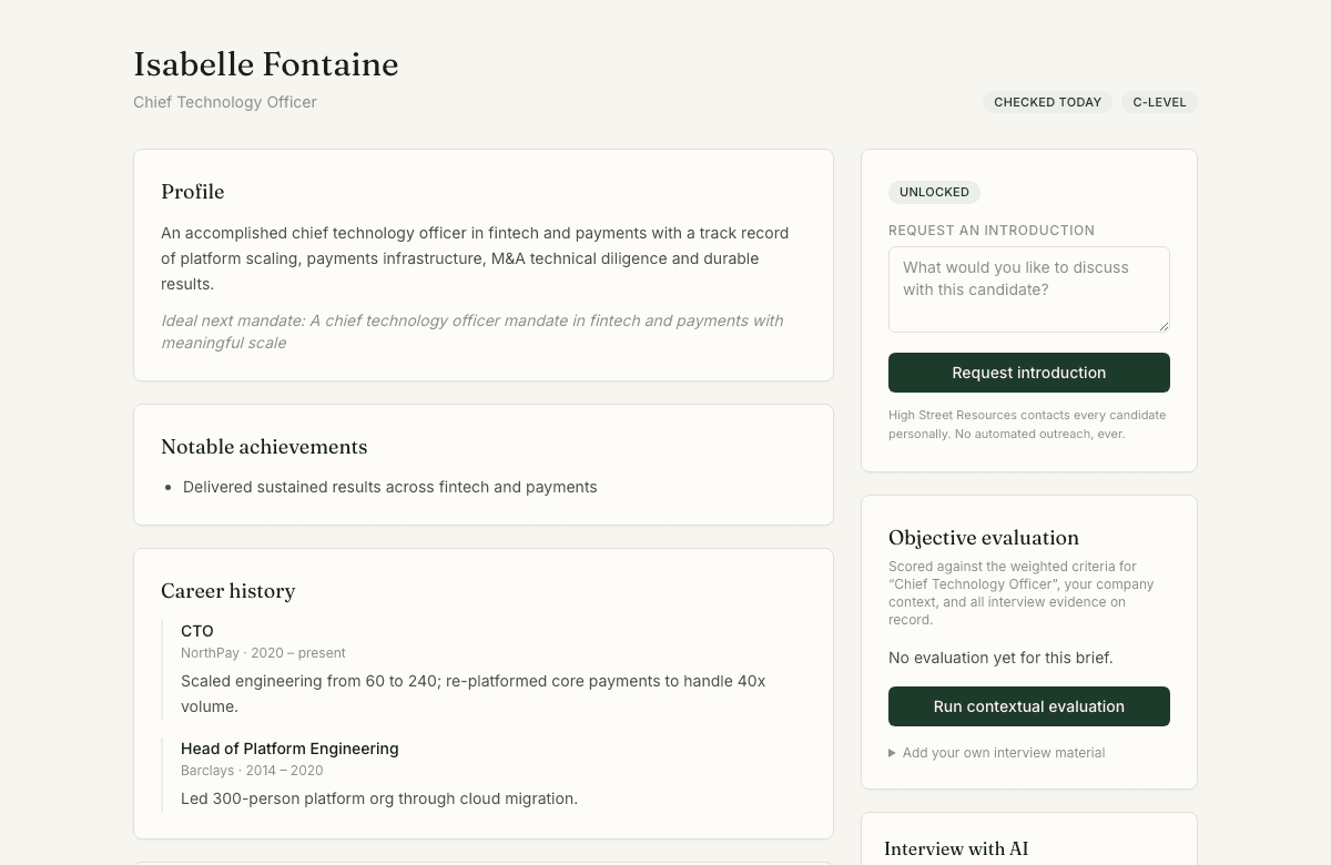 An unlocked dossier showing career history, expertise and when the profile was last checked