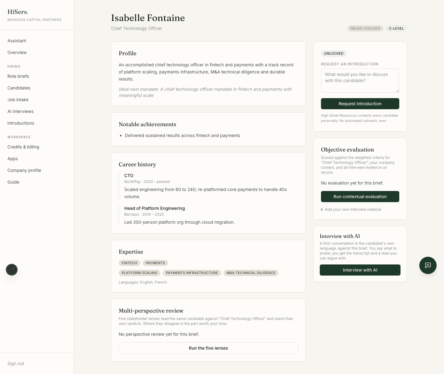 An unlocked candidate dossier with career history and evaluation tools